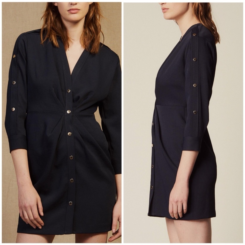 Sandro Paris Karmelia Navy Gold Button Front Sleeve Dress 3/4 Sleeve Size 40 - Picture 2 of 11